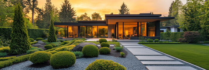 Beautifully landscaped coniferous garden near a modern house with large glass windows.
