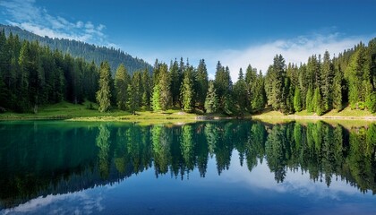 Obraz premium idyllic landscape of pine trees reflected in a beautiful lake