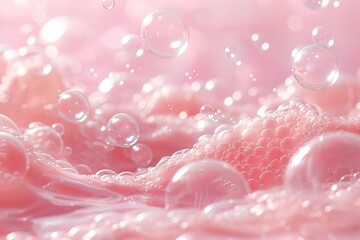 Macro Photograph of Cosmetic Essence Liquid Bubbles Suspended in Air with Blurred Molecular Background