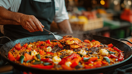 Chef preparing traditional seafood paella in a vibrant outdoor market during a sunny afternoon