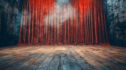 Empty Stage Red Curtain Wooden Floor Dramatic Lighting Theater Background