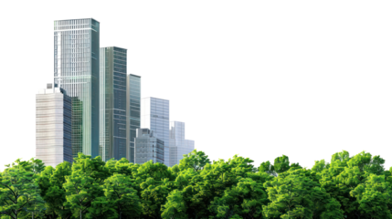 Modern skyscrapers behind lush greenery