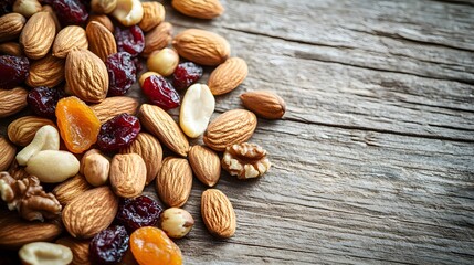 Realistic handful of mixed nuts and dried fruits, including almonds, walnuts, cranberries, and apricots, spread out on a rustic wooden table