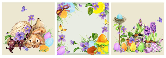 Happy Easter watercolor cards set with cute Easter rabbit, eggs, spring flowers in pastel colors