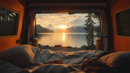 Fototapeta premium Aerial view of a serene lake surrounded by majestic mountains from a camper van perspective.