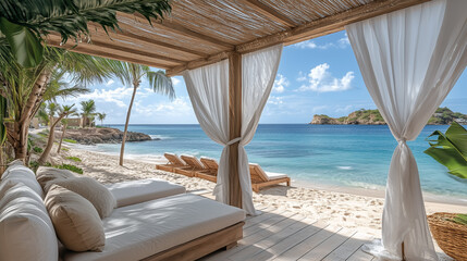 Relaxing beachside retreat with sun loungers, palm trees, and a tranquil ocean view during the day