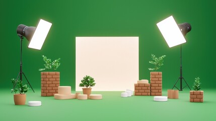 Creative Studio Setup with Green Background, Light, and Plants
