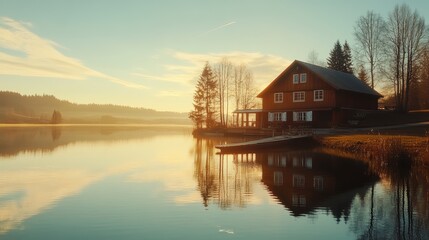 Fototapeta premium Arafed house by a lake with a dock, surrounded by nature and serene waters.