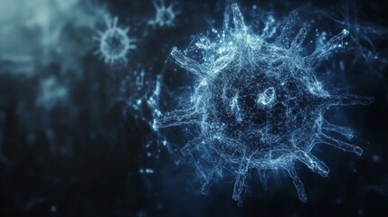 Fototapeta premium Digital visualization of virus structure with blue networks and spikes.