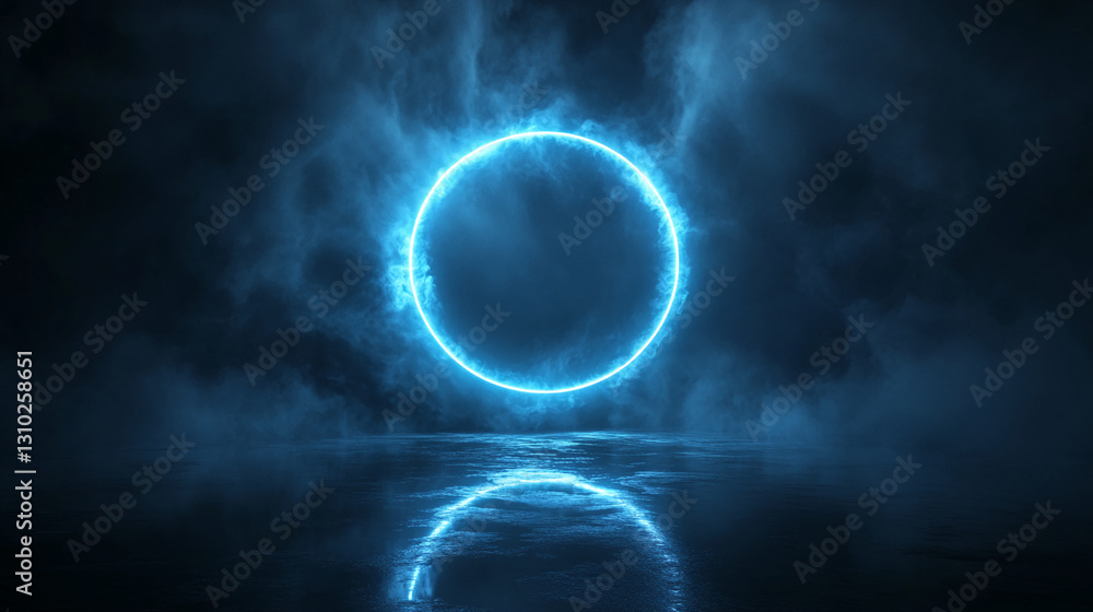 Poster Glowing blue circle in smoky dark environment, reflecting on a dark surface, creating a mysterious and futuristic scene, ideal for design mockups or abstract backgrounds