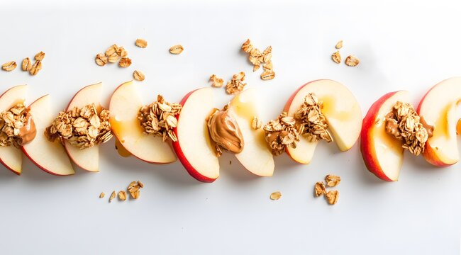 Realistic apple slices spread with almond butter and topped with granola and a drizzle of honey, arranged neatly on a white background