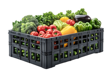 Freshly harvested colorful vegetables in a black crate ready for market display or local grocery store