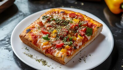 Delicious Square Pizza Slice with Herbs and Vegetables