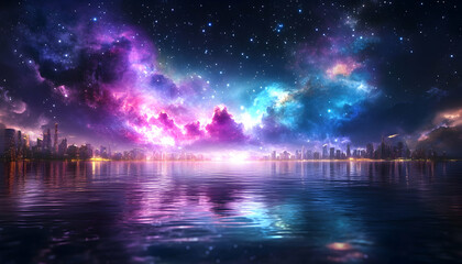 City skyline reflects in water under colorful, starry, nebula-filled night sky