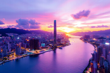 City skyline reflects on river during sunset in urban cityscape