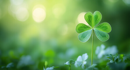 Lucky Four-Leaf Clover in Natural Field with Bokeh Background