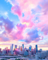 Fototapeta premium Cityscape under vibrant pink clouds during sunset in an urban scene