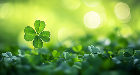 Lucky Four-Leaf Clover in Natural Field with Bokeh Background