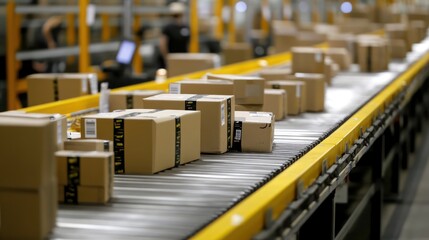 Packages on conveyor belt in warehouse