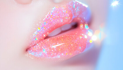 Close-up of Glittery Pink Lips, Soft Lighting