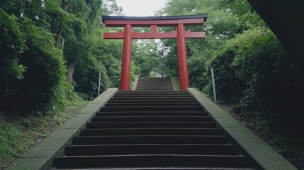 Obraz premium Arafed red gate with steps leading to a pathway surrounded by greenery.