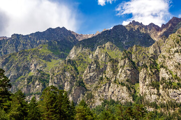 Majestic mountain peaks rising above lush green forest under blue sky