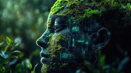 A futuristic cybernetic face covered in moss and greenery, blending technology with nature, illuminated by glowing circuit patterns in a forest environment