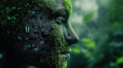 A futuristic cybernetic face merging with nature, covered in moss and digital circuits, glowing green lights integrated into an organic forest environment