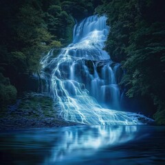 A mystical waterfall glowing with ethereal blue energy, flowing through a lush green forest at night, creating a surreal and futuristic nature scene