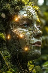 A futuristic humanoid face integrated with moss and advanced circuitry, glowing with warm lights, representing the fusion of nature and technology in a cybernetic ecosystem