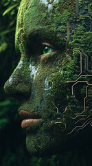 A cybernetic humanoid face covered in moss and circuits, with a glowing green eye, symbolizing the fusion of nature and technology in a futuristic, eco-friendly world
