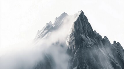 Majestic mountain peak shrouded in mist with a minimalistic monochrome aesthetic
