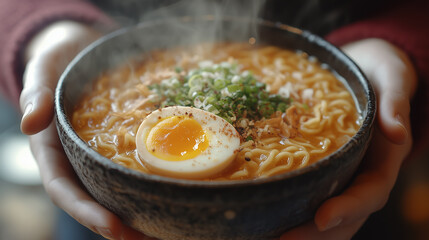 Warm bowl of steaming ramen with soft boiled egg and green onions is held by hands in a cozy restaurant during winter