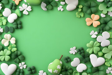Clover leaves border a light green surface with pear, St Patrick's Day theme