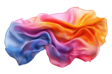 Colorful silk fabric flowing gently, showcasing a gradient of orange, pink, and blue hues under soft lighting