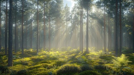 Obraz premium Serene forest landscape with sun rays filtering through tall trees and ferns