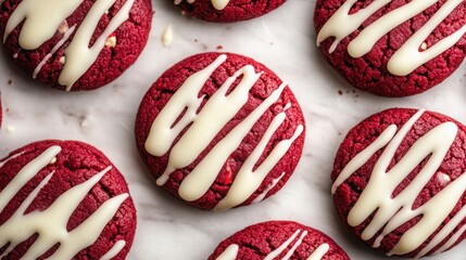 Minimalist top view of soft and chewy red velvet cookies with cream drizzle