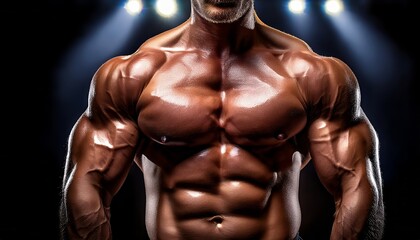 Obraz premium Muscular man showcasing fitness and strength under dramatic lighting in an indoor gym