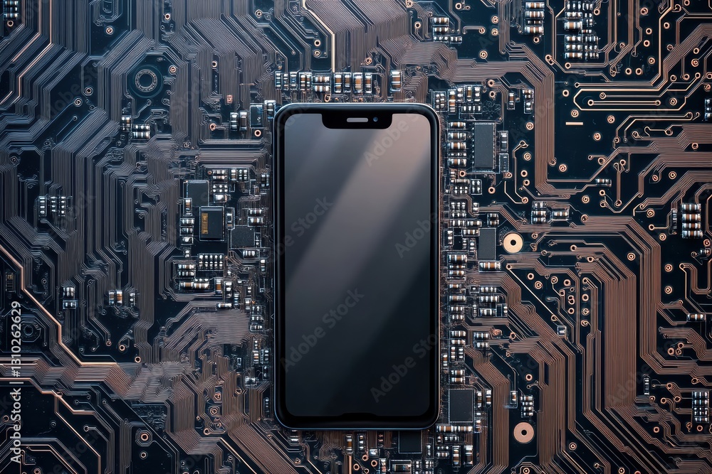 Aufkleber a sleek smartphone is positioned in the center of an intricate circuit board layout