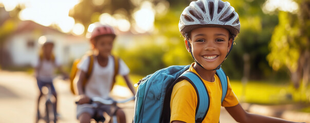 Children with backpacks riding by bicycle from school together. Education concept.