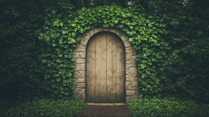 hidden wooden door covered in lush green ivy – mysterious entrance