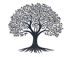 Tree silhouette leaves, roots, sky backdrop