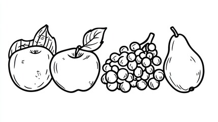 Hand drawn fruits, apples, pears, grapes, black and white illustration, food graphic design, for print or web, digital art