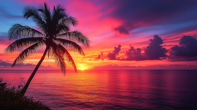Vibrant sunset over the ocean with palm tree silhouette on a tranquil evening in a tropical paradise