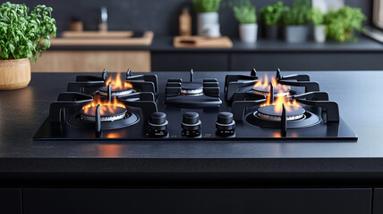 Kitchen gas stovetop with burners