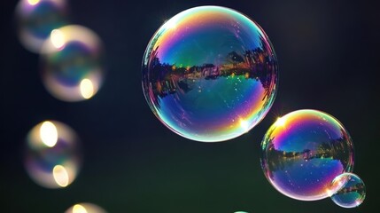 A close-up view of floating bubbles in the air, showcasing their delicate shapes and reflections.
