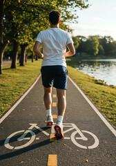 Detr&aacute;s de la espalda de un joven que corre por un carril bici con lago.