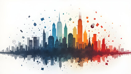 Fototapeta premium Vibrant city skyline with colorful splashes and reflections