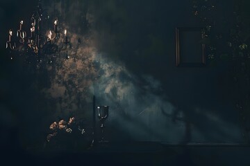 nostalgic vintage film style: dark and moody backdrop with shadows and chandelier. generative ai