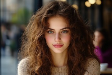 Fototapeta premium A young woman with curly hair and green eyes smiling softly in a cozy café setting.